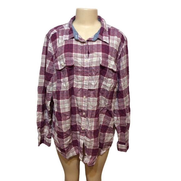 𝅺ST.JOHN’S Bay Button own Top 3X Maroon White Plaid Cotton - Picture 1 of 3